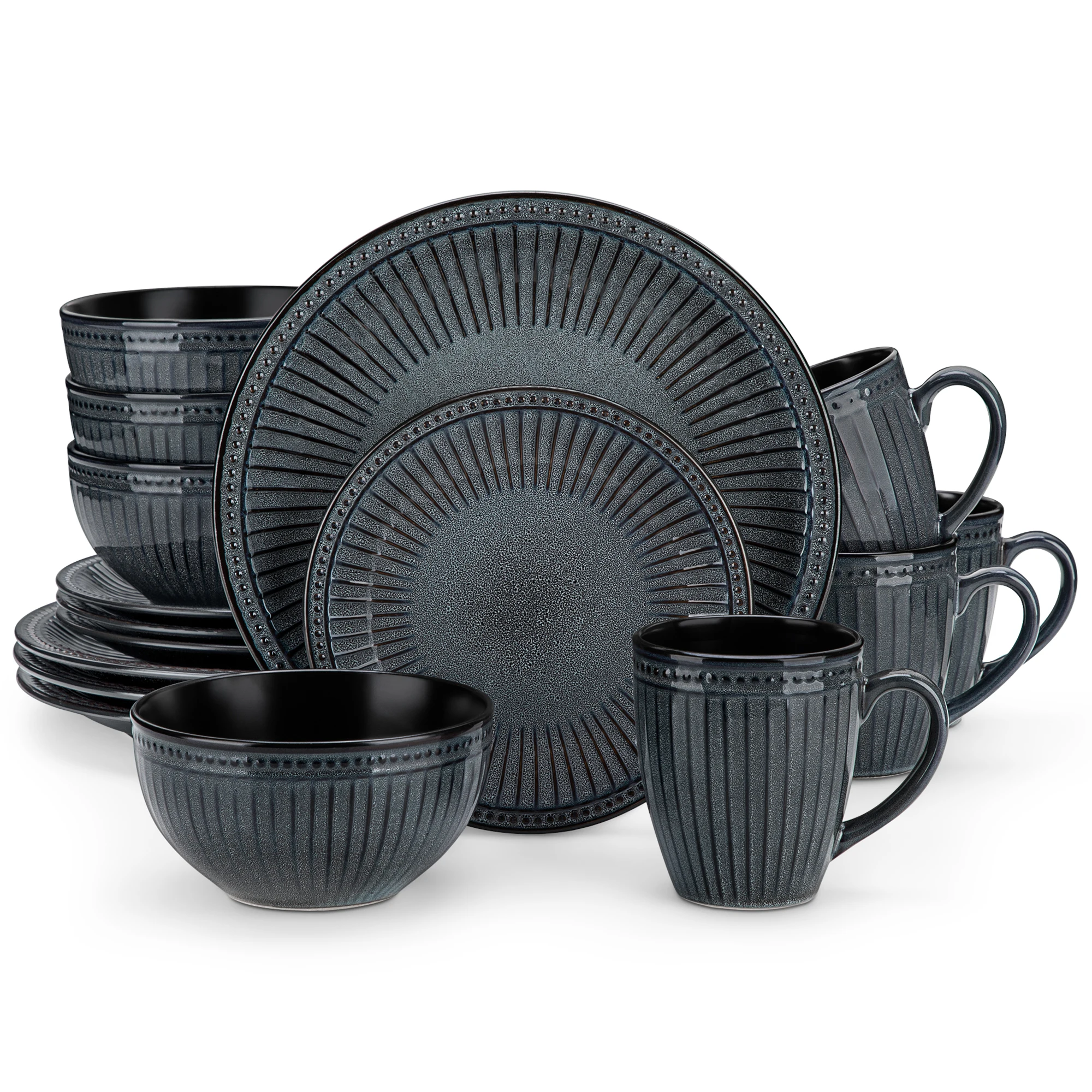 vancasso 16/32 Stück Relief Keramik Teller Set schwarz elegantes Geschirr Set mit 4/8 Stück Teller/Dessert/Müslis chale/Becher Image