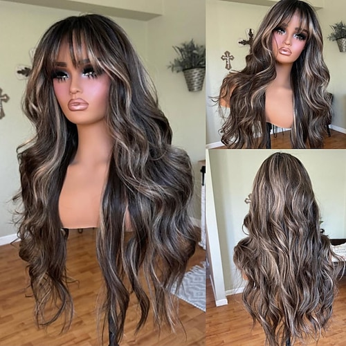Unbehandeltes Echthaar 5x5 Verschluss 13x4 Spitzenfront Perücke Mit Pony Brasilianisches Haar Gewellt Blond Kastanienbraun Mehrfarbig Perücke 130% 150% Haardichte Hervorgehobenes / Balayage-Haar 100 Image