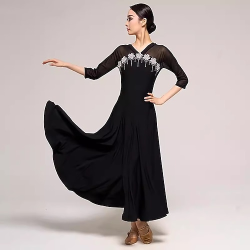 Gesellschaftstanz Kleid Spleißen Kristalle / Strasssteine Damen Leistung Party Dreiviertelarm Kristallbaumwolle Netzstoff Image