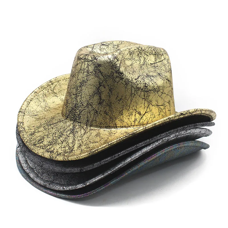 Goldglänzender Puder-Western-Cowboyhut für Damen und Herren – Bühnen-USA-Stil, Party, Festival, Halloween, Cowgirl-Zubehör Image