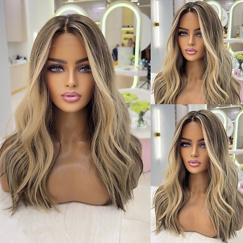 Remy Echthaar 5x5 Verschluss 13x4 Spitzenfront Perücke Mittelscheitel Brasilianisches Haar Gewellt Blond Mehrfarbig Perücke 130% 150% Haardichte mit Babyhaaren Hervorgehobenes / Balayage-Haar Image