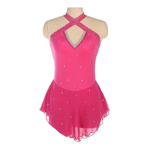 Eiskunstlaufkleid Damen Mädchen Eislaufen Kleid Rosenrot Patchwork Offener Rücken Netzstoff Spandex Dehnbar Training Übung Professionell Eiskunstlaufkleidung Thermowarm Kristall / Strass Langarm Image