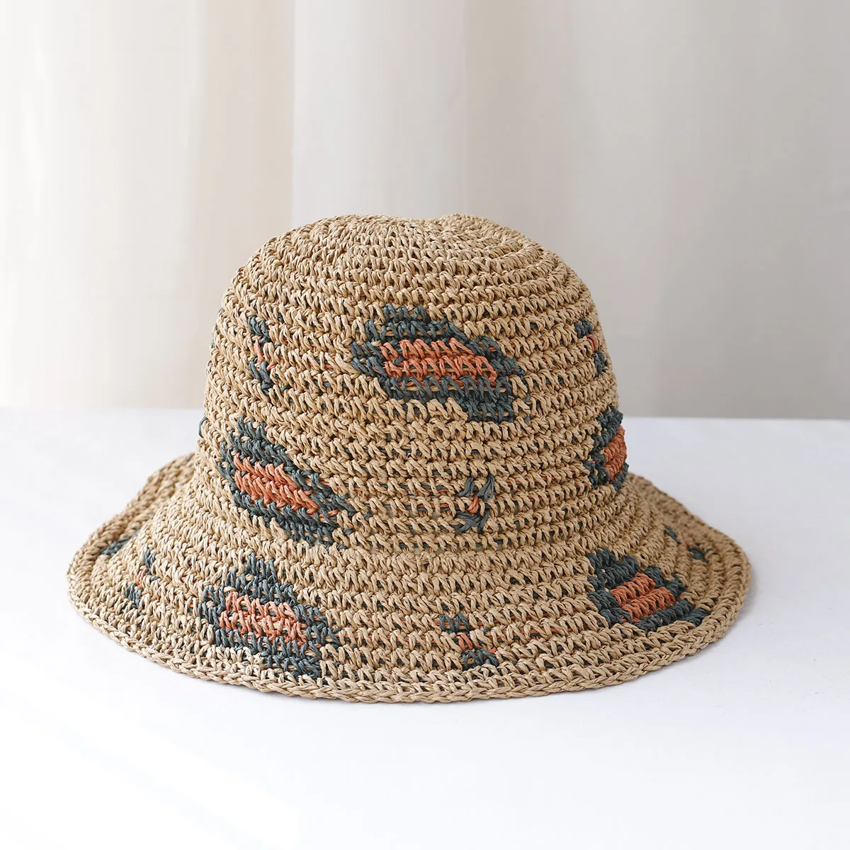 Strand Koreanische Stroh Hut Sommer Frauen Visier Eimer Hut Fischer Hut Hand weben Panama Mädchen Angeln leopard print Sonnenhüte Image