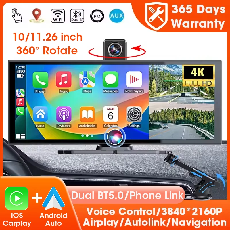 11,26 Zoll 360° ° Drehen Auto DVR 4K Len Drahtlose Carplay Android Auto Ai Bildschirm Dash Cam 1080P Hinten Kamera Navigation Video aufzeichnung Image