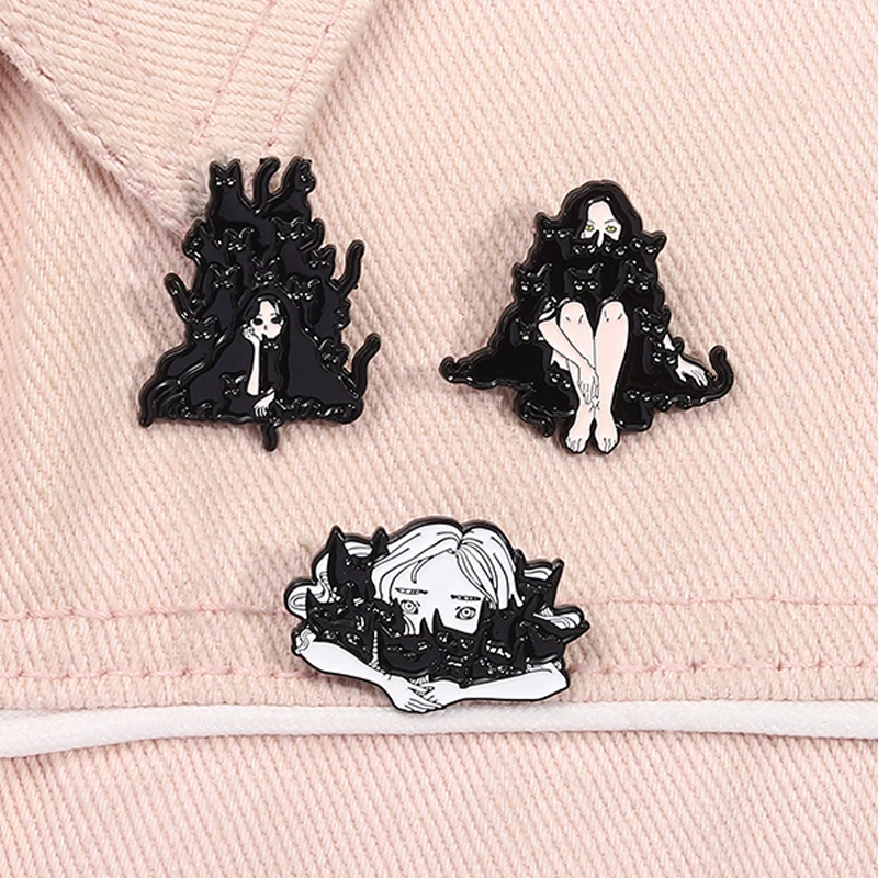 Niedliche schwarze Katzen mit Mädchen Emaille Pin Cartoon Punk Kätzchen Tier Broschen Revers Abzeichen Schmuck Geschenke für Katzenliebhaber Freunde Image