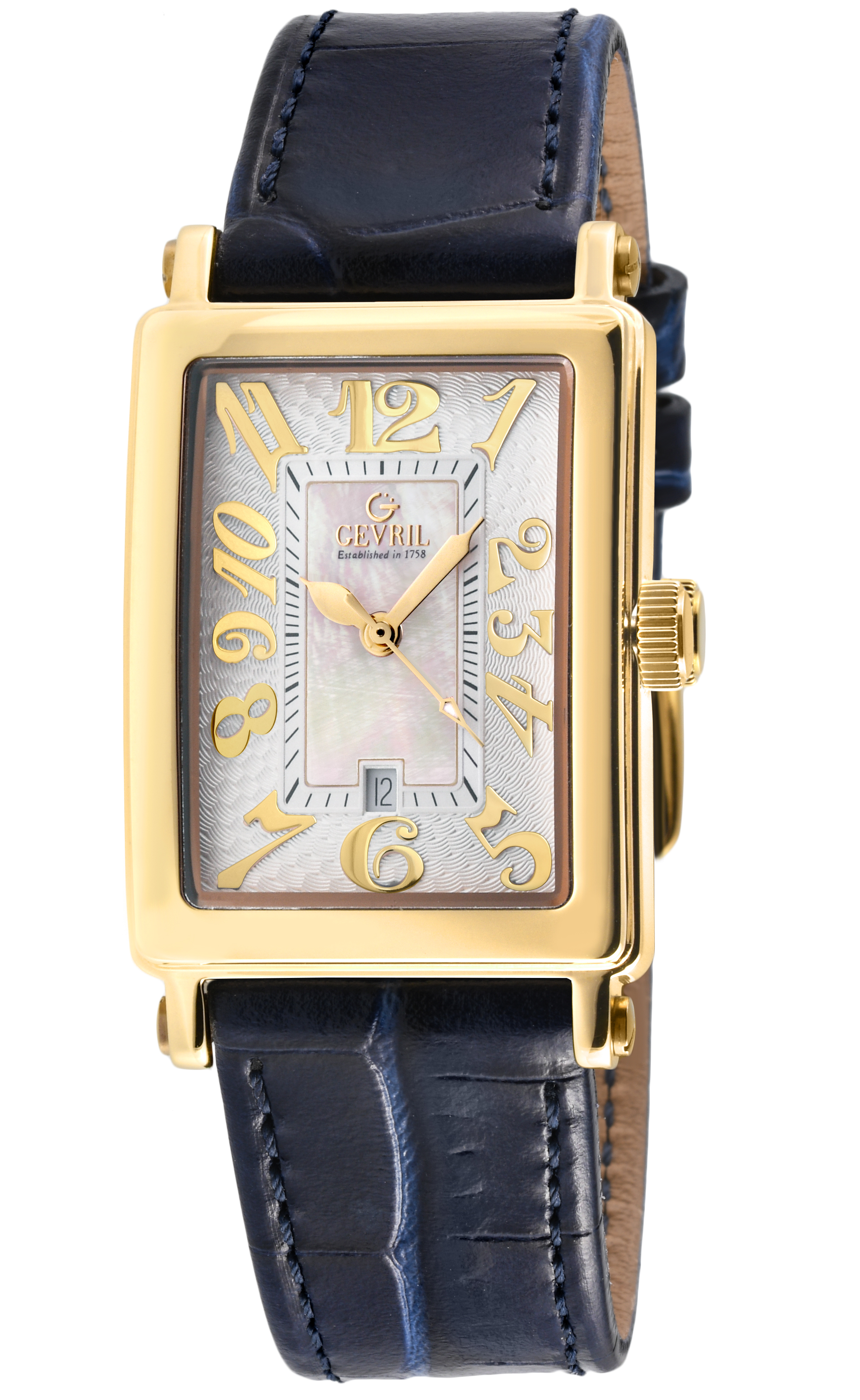Gevril Ave of Americas Mini Damen Schweizer Quarz Weiß MOP Zifferblatt Uhr, Echtes Blaues Leder Uhr Image