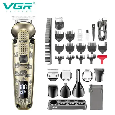 VGR 8-in-1 metal hair clipper multifunctional intelligent LED digital hair trimmer men's nose hair
