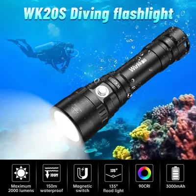 Wurkkos WK20S Powerful Diving Flashlight IPX8 Waterproof Scuba Dive Light Rechargeable Max 2000