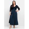 Abendkleid SHEEGO "Große Größen", Damen, Gr. 46, Normalgrößen, blau (nachtblau), Obermaterial: 95% Polyester, 5% Elasthan;Spitze: 100% Polyamid, unifarben, elegant, figurumspielend lang, V-Ausschnitt, 3/4-Ärmel, Kleider, mit Oberteil aus floraler...