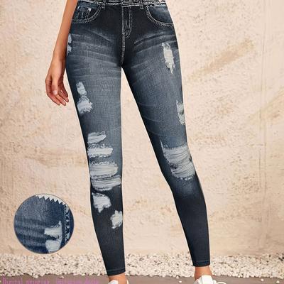 TEMU 1pc Daerling Women' Skinny Jeans, , Polyester Knit Fabric, Printed Pattern, Adult Denim-look Pants Image