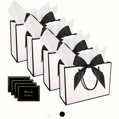 TEMU 8pcs Elegant Paper Gift Bags Set With Bow Ribbons - White, Black, Themed Party Favor Bags With Tissue Paper And Cards For Weddings, Birthdays, And Special Occasions Image