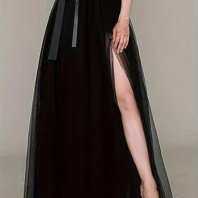 TEMU Elegant High-waist Tulle Maxi Skirt With Belt, Asymmetrical Hem, And Slit Detail - Lightweight Polyester Lining, Solid Color, All , A-line Silhouette, Stretchy Waistband, Fabric Image