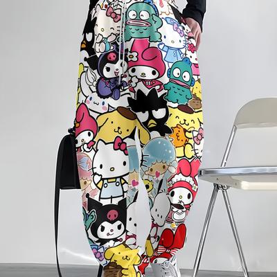 TEMU Women's Printed Sports Pants, Hip-hop Street , Comfortable Drawstring , Machine Washable Image