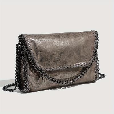 TEMU Black Steampunk Chain Crossbody Bag For Women - Soft Synthetic Synthetic Leather Shoulder Handbag With Magnetic Closure, Casual Pockets, And Braided Chain Strap Detail, Small Crossbody Bag Image