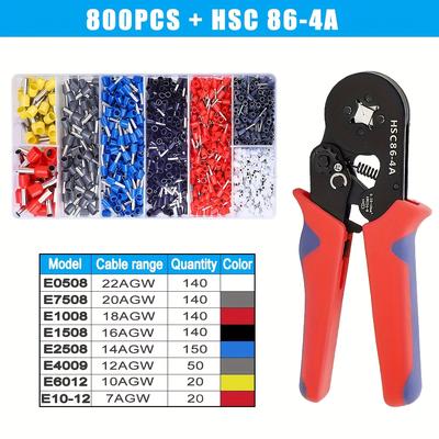 TEMU 800-1900pcs Ve Tubular Crimp Terminals With 86-4 Crimping Pliers, Electrical Tube Terminals, Cable Wire Connector, Block Cord End Connectors Image