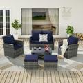 6 Pieces Outdoor Patio Furniture Set Wicker Sectional Sofa Set with Ottomans and Glass Coffee Table Waterproof Patio Conversation Sets with Cushions for Garden Porch Dark Blue