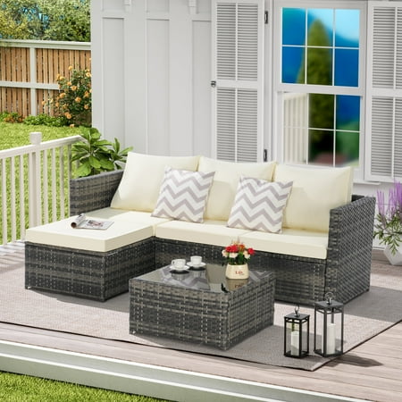 JONPONY 2 Pieces Patio Furniture Set Outdoor Woven Sectional L- Shaped Patio Furniture Wicker Conversation Set with Ottoman Detachable Lounger Table for Backyard Poolside Beige
