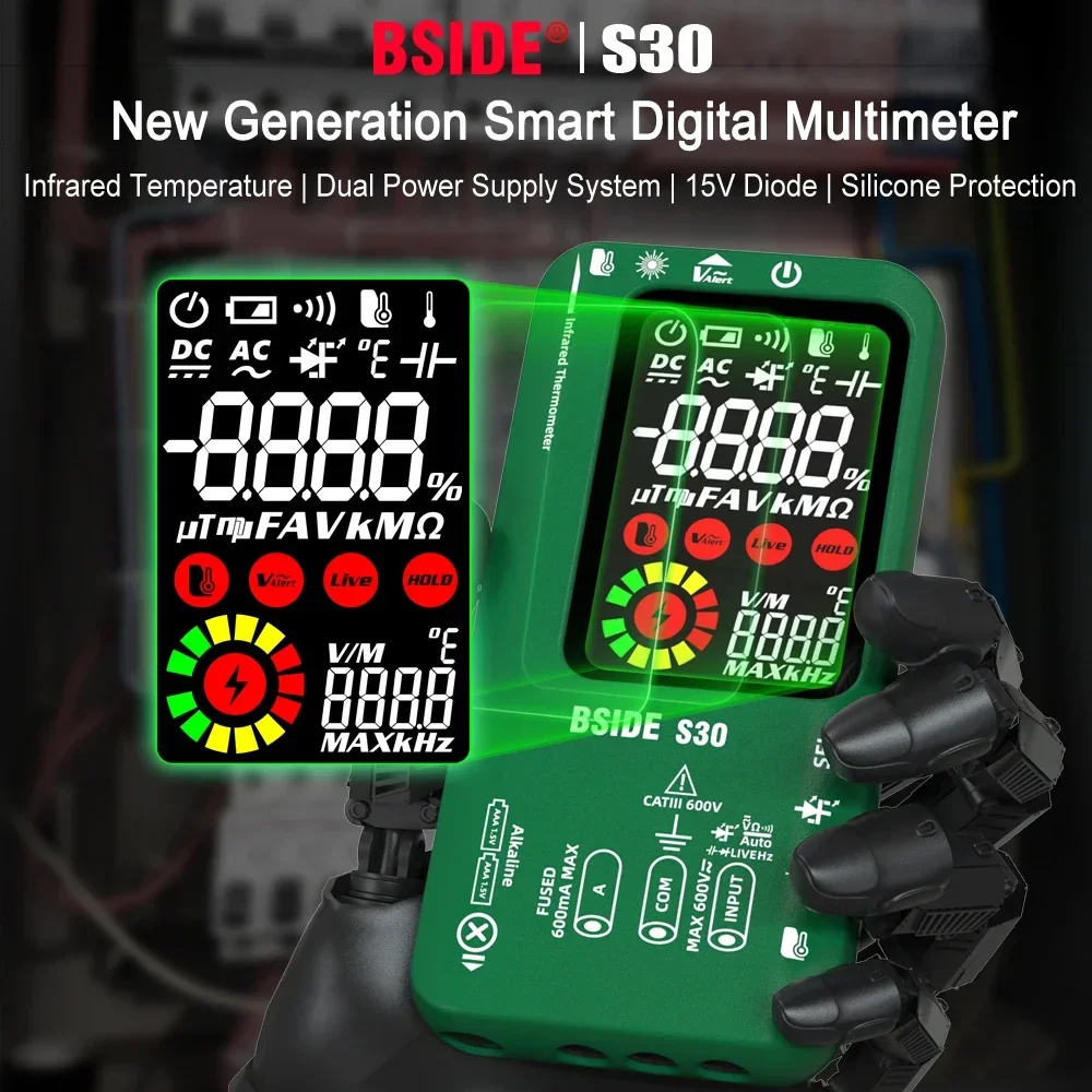 BSIDE Smart Digital Multimeter Infrarot Temperatur 15 V Diode LED Tester True RMS 9999 DC AC Spannung Wiederaufladbare Multiteter DMM Image