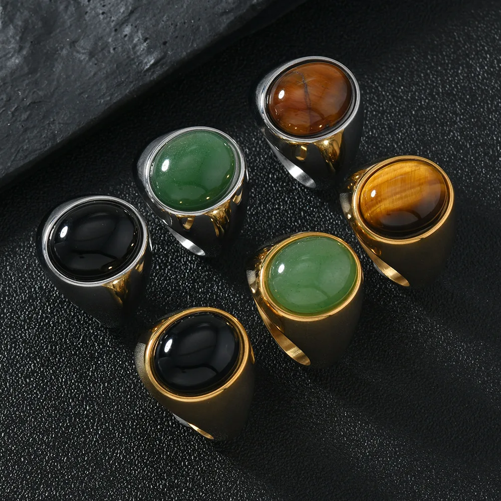Vintage 316L Edelstahl Oval Naturstein Ring Für Männer Frauen Finger Schmuck Zubehör Schwarz Grün Tigerauge Stein Royal