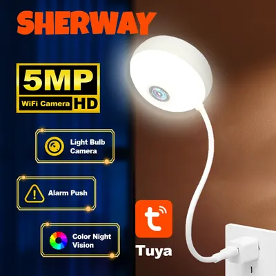 Tuya Indoor USB Light Bulb WiFi Camera 2K 5MP Mini Wireless Security IP Camera IR Color Night Vision Smart Life Baby Monitor Cam