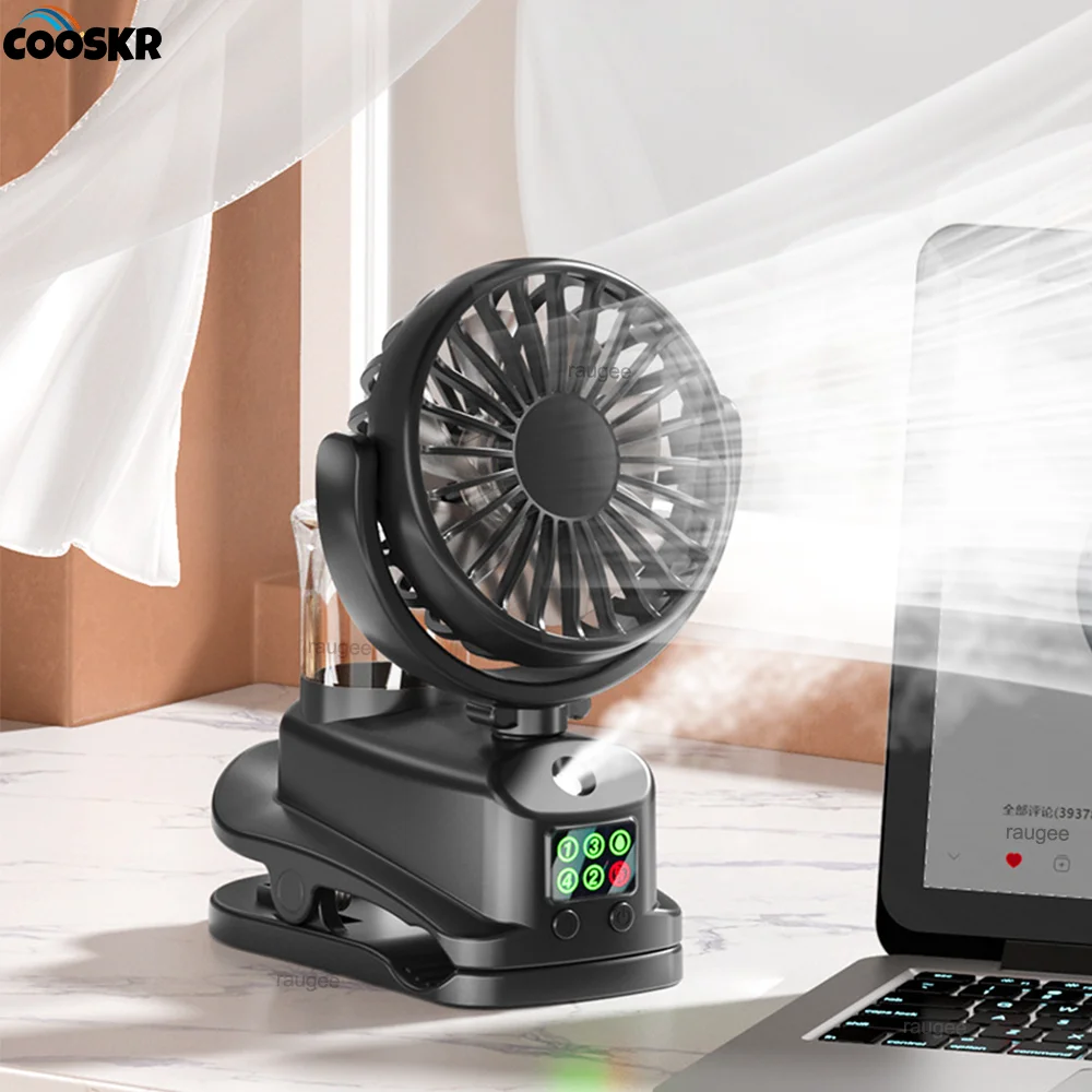 Tragbarer Clip-Ventilator, wiederaufladbarer Desktop-Ventilator, kabelloser elektrischer Deckenventilator, Mini-Spray-Mister-Luftbefeuchter-Ventilator 360° ° Drehbarer Clip-Lüfter Image