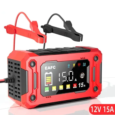 Newest 12V Car Battery Charger 15A/8A Pulse Repair Large Display Smart Charger for Car Motorcycle Lead Acid AGM GEL Batteries