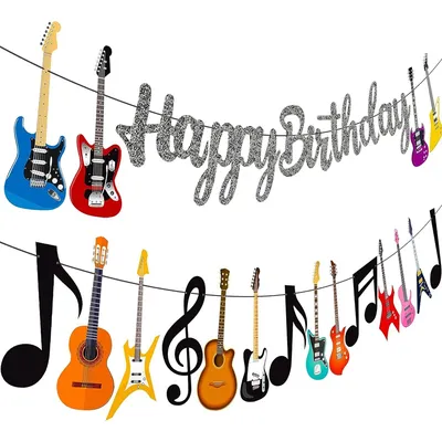 Guitar Birthday Party Banner Decorated with 2 guitar cutout banners suitable for rock guitar baby