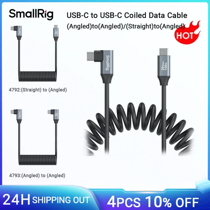 Cavo dati a spirale SmallRig da USB-C a USB-C Supporto trasferimento dati ad alta velocità da 20 Gbps e ricarica rapida PD 100 W per fotocamera 4793/4792