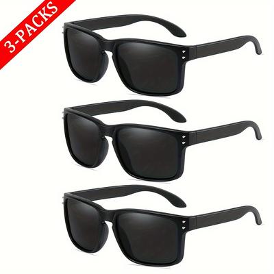 TEMU 3pcs Men's Polarized Sunglasses - Stylish Black Frame With Rivet Design, Wide Lens For Outdoor Sports & Driving, Hard Case Packaging, Outdoor Sports Gear | Classic Square Frame | Sunglasses Image
