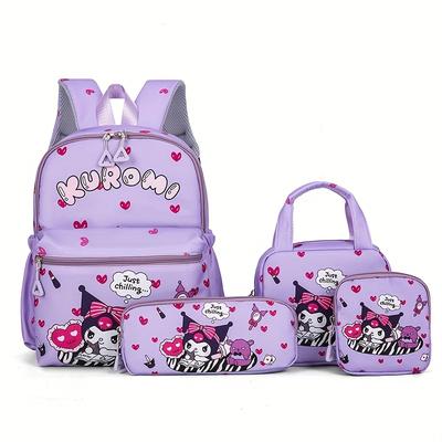 TEMU 4pcs Kuromi Backpack - Durable Nylon, Adjustable Shoulder Straps, Zipper Closure - Includes Backpack, Pencil Box, Shoulder Bag, Wallet - Ideal For Travel And Gifts, Travel, Gift Options