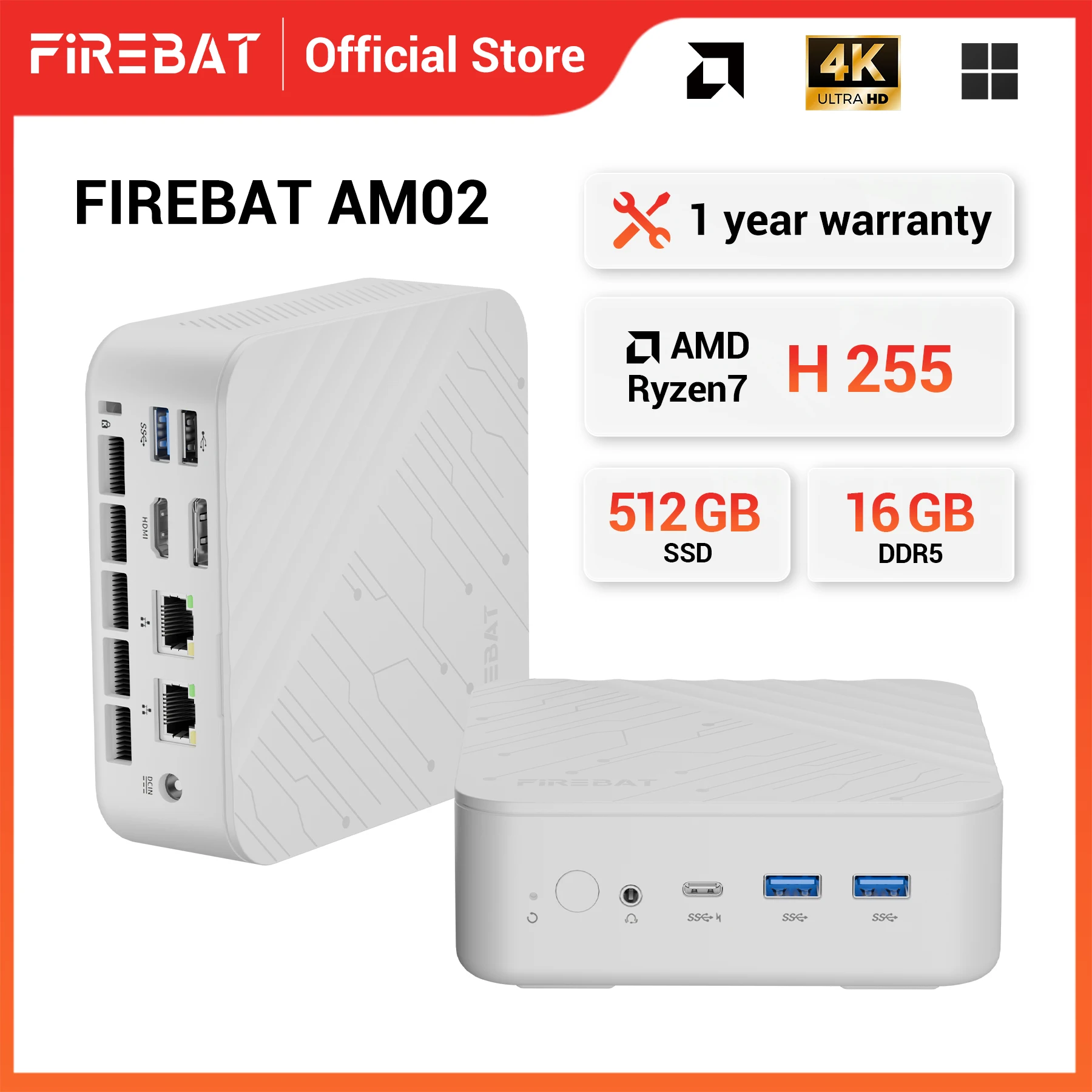 FIREBAT AM02 Mini PC AMD Ryzen 7 H255 DDR5 16GB RAM M.2 PCIe 512GB SSD WiFi6 BT5.2 1000M LAN Portable Windows11 Desktop Computer