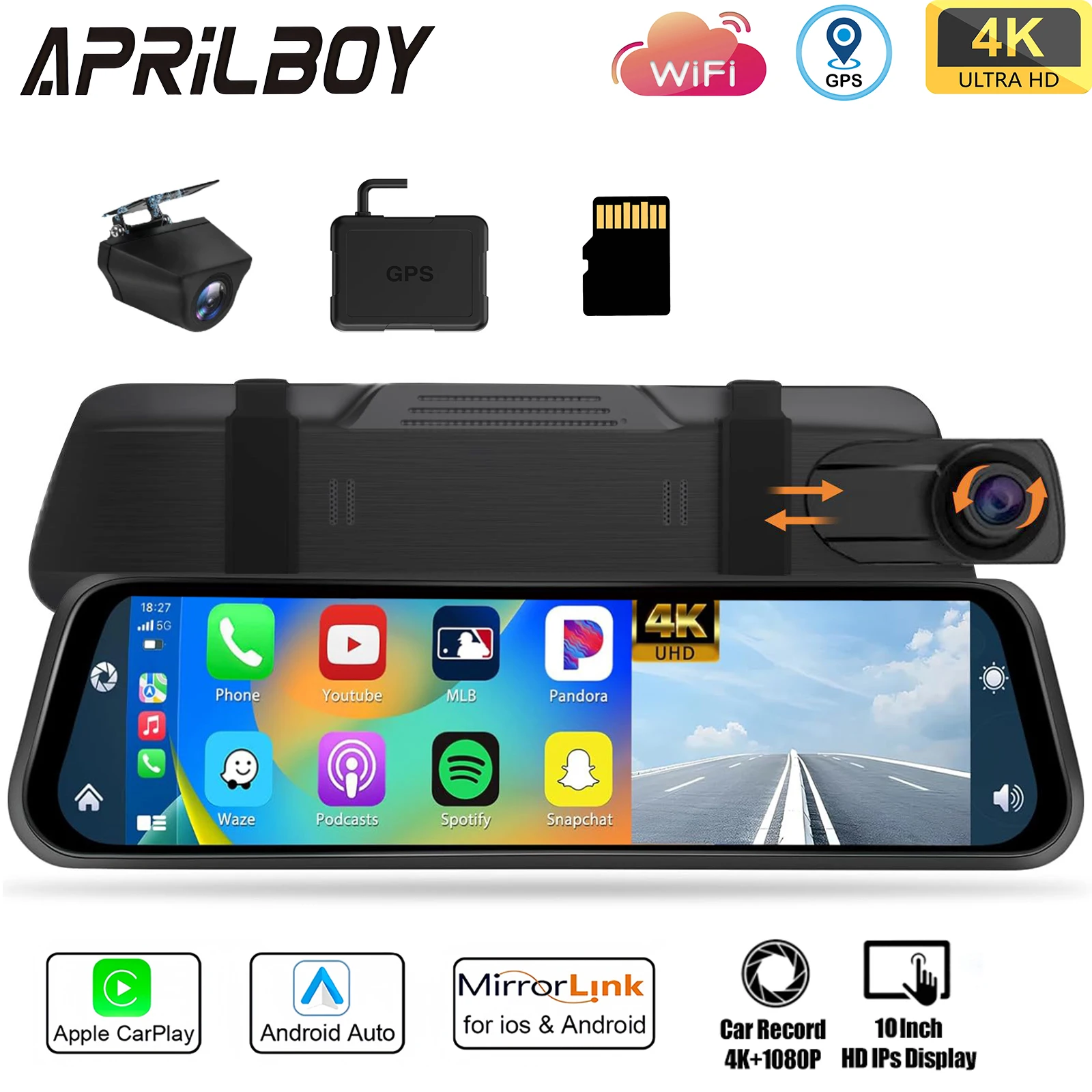Aprilboy 10'' 4K Mirror Dash Cam Dual-Kamera mit kabellosem Carplay Android Auto Parking Assistance Loop Recording Navigation Image
