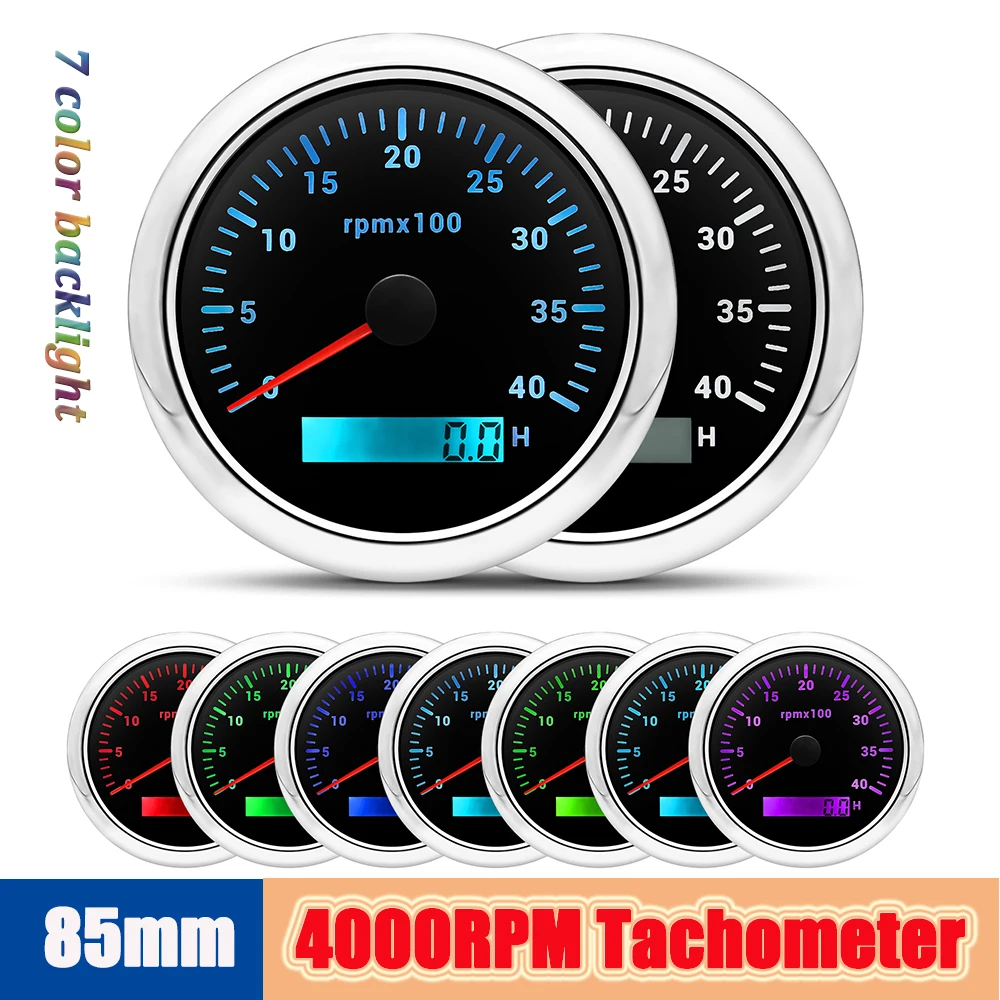 7Color Backlight 4k RPM Meter 85MM Car Tachometer Outboard Automotive rpm Digital Odometer Hourmeter for boat Yacht motor 12V24V