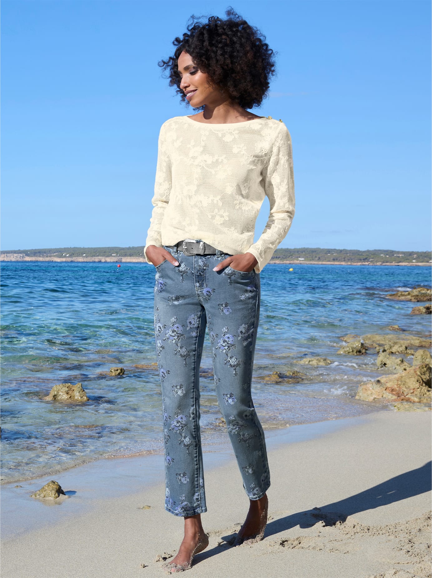 Bequeme Jeans HEINE, Damen, Gr. 46, Normalgrößen, blau (blau, bleached, bedruckt), 95% Baumwolle, 3% Polyester, 2% Elasthan, bedruckt, geblümt, gemustert, mehrfarbig, 7/8-Länge, Jeans