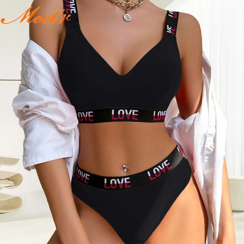 Meet'r Frauen Push-Up-BH Set Sexy Brief Sport Weste Bh Niedrige Taille Tanga Set Draht Freies Bralette Dessous Baumwolle Unterwäsche Set