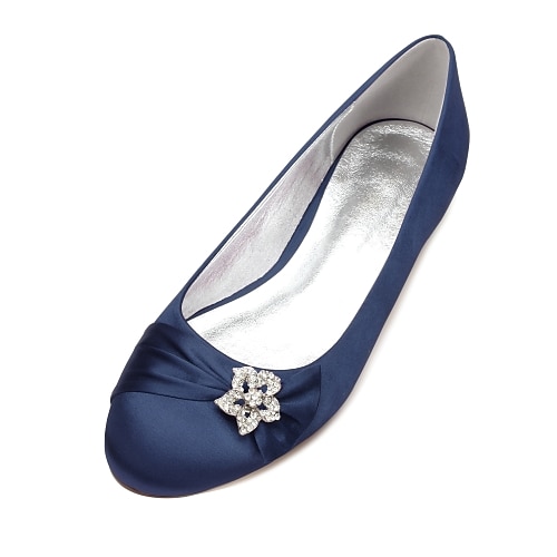 Hochzeitsschuhe für die Mutter der Braut/des Bräutigams, marineblaue Satin-Ballerinas für Damen, flache Hochzeitsschuhe mit niedrigem Absatz und Strasssteinen, bequeme Abendpumps Image