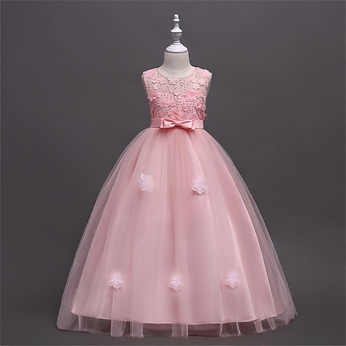 Kinder Wenig Mädchen Kleid Einfarbig Tüll-Kleid Party Täglich Schleife Grün Rosa Wein Maxi Ärmellos Prinzessin nette Art Kleider Frühling Sommer Schlank 4-13 Jahre Image