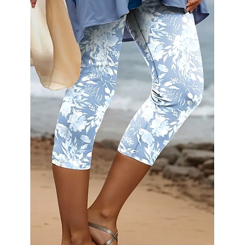 Damen Leggings Capri Hosen mit hoher Elastizität Urlaub Hawaiian kniehoch mittlere Taille florales Grafikdruck atmungsaktiv weich Urlaub lässig Feiertag hellblau Sommer Frühling reguläre Passform Image