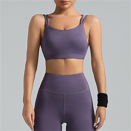 Damen Leichter Halt Sport-BH Lauf-BH Patchwork Offener Rücken BH-Top Gepolstert Fitness Freizeitsport Laufen Atmungsaktiv Leicht Weich Spandex Schwarz Leicht Grün Purpur Einfarbig Image