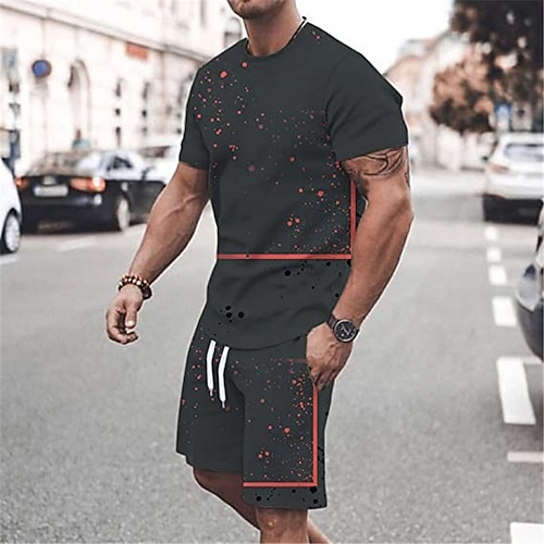 Herren Grafik Farbblock 2St T-Shirts-Sets Shorts und T-Shirt-Set T-Shirt-Outfits Kurzarm Rundhalsausschnitt Designer Lässig Bequem Outdoor Urlaub Täglich 3D-Druck 2 teilig Frühling Sommer Schwarz Image