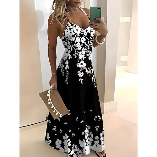 Maxikleid für Frauen Lässiges Kleid Sommerkleid A-Linien Kleid Urlaub Tropisch Lässig Urlaub Lässig Alltag Reguläre Passform Blumen Blatt Ärmellos V-Ausschnitt Schwarz Weiß Gelb Hellgrün Sommer Image