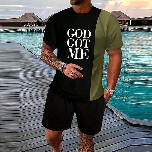 Herren Text / Nummer 2St T-Shirts-Sets Sommeroberteile Kurzarm Kurze Hosen Rundhalsausschnitt Sport Lässig Outdoor Sport Täglich 3D-Druck Sommer Grau Grün Braun Image