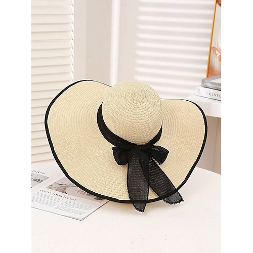 eleganter Sonnenhut mit breiter Krempe für Damen – Sommer-Strand-Strohhut mit schwarzer Schleife, UV-Schutz, faltbarer Schlapphut für Urlaub, Gartenpartys und Outdoor-Reisen Image