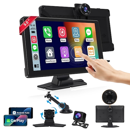 Tragbarer 4K-Bildschirm fürs Auto, 9-Zoll-HD-Touchscreen, kabelloses Car Play mit Rückfahrkamera, Sprachsteuerung, FM, WLAN, Mirror Link für Apple CarPlay/Android Auto Image