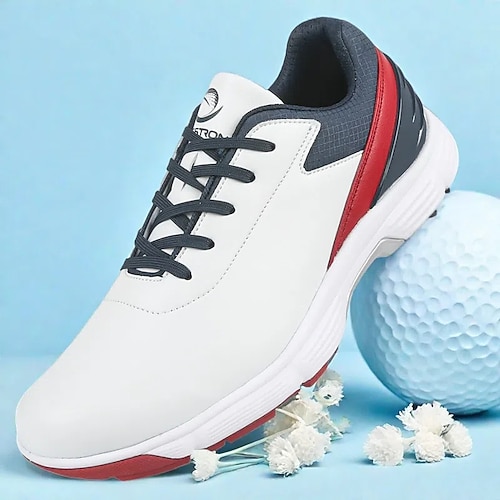 Stilvolle Golfschuhe für Herren in Rot, Weiß und Grau, Sohle mit verbessertem Grip, perfekt für Golfwettkämpfe Image