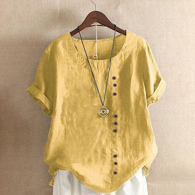 Women's Blouse Cotton Linen Shirts Plain Modern Casual Short Sleeve Crew Neck Regular Tops Holiday Going out Buttons White Yellow Army Green Green Summer