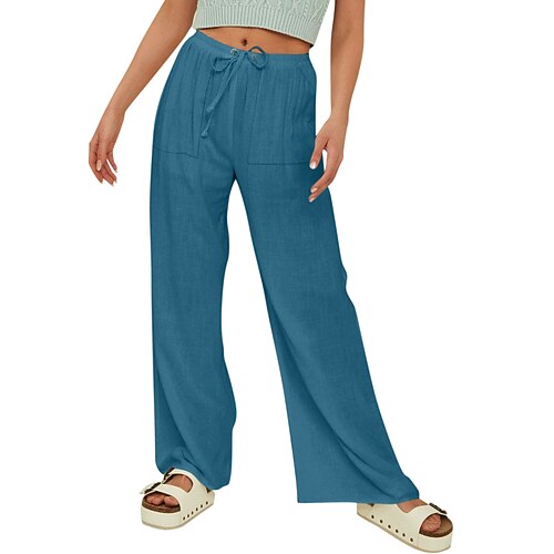 Damen Stoffhosen Streetwear Lässig Volle Länge Natürliche Taille Einfach Tasche Elastisches Kordelzugdesign Bequem Außenbereich Straße Alltagskleidung Ausgehen Dunkelbraun Pfauenblau Hellhimmelblau Image