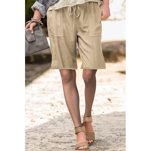 Damen Shorts aus Baumwollleinen Baumwoll Mischung Shorts Stoffhosen Streetwear Lässig Kurz Natürliche Taille Einfach Tasche Elastisches Kordelzugdesign Bequem Außenbereich Straße Alltagskleidung Image