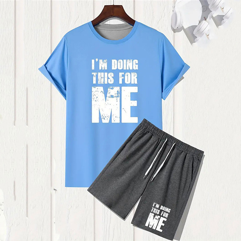 Mens Graphic Shirt Shorts And Tee Set Outfits Letter Crew Neck Clothing Apparel 3D Print Outdoor Daily Sleeve 2 Piece 2Pcs 'M Doing This For Street Birthday Black Cotton T-Shirt