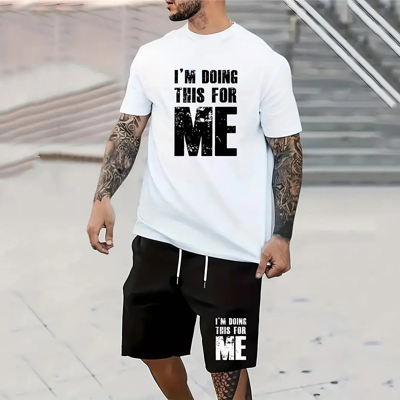 Mens Graphic Shirt Shorts And Tee Set Outfits Letter Crew Neck Clothing Apparel 3D Print Outdoor Daily Sleeve 2 Piece 2Pcs 'M Doing This For Street Birthday Black Cotton T-Shirt